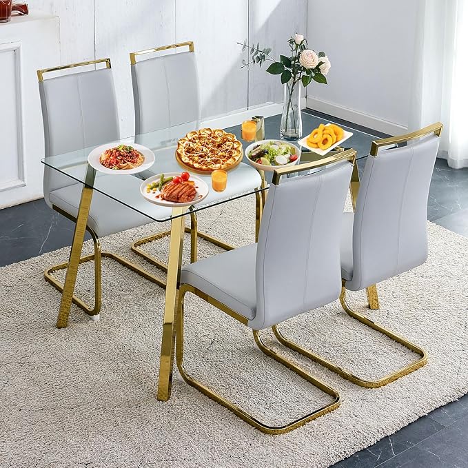 Dining Table Set of 4,51" Rectangle Tempered Glass Tabletop with Golden Metal Legs,Kitchen Room Table with 4 Light Grey Faux Leather Chairs,Dinner Table Set for Dining Room Office
