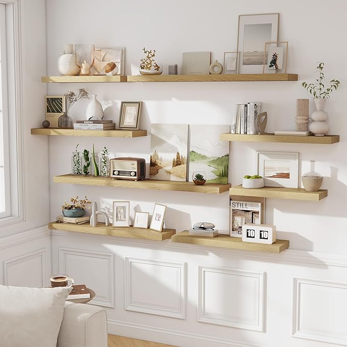 Floating Shelves for Wall, 28 Inch Floating Shelves Set of 2, Wall Mounted Rustic Wood Shelf for Bathroom, Living Room, Bedroom and Kitchen, Hanging Shelf for Storage, Books, Home Decor, Oak