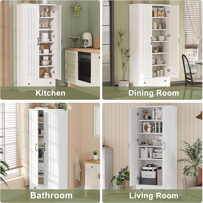 70" Tall Storage Cabinets, Large Wood Storage Pantry Cabinet with 6 Adjustable Shelves, 2 Striped Doors & Drawer, Standing Utility Cabinet for Kitchen, Bathroom, Dining Room, Antique (White)