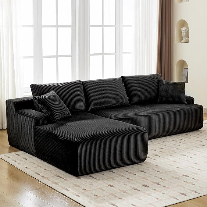 Sectional Cloud Couch for Living Room L Shaped Couch with 3 Seat Ind. Chaise Longue Corduroy Fabric Boneless Modular Modern Sofa with Pillows for Apartment and Small Space