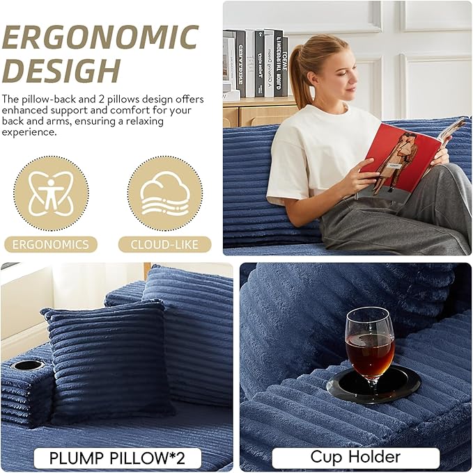 134 Inch Cloud Sectional Couch for Living Room,Corduroy Boneless Couches with Cup Holder,Modern Modular Sectional Sofa with Deep Seat,No Assembly Required (Blue, U-Shaped Sofa)