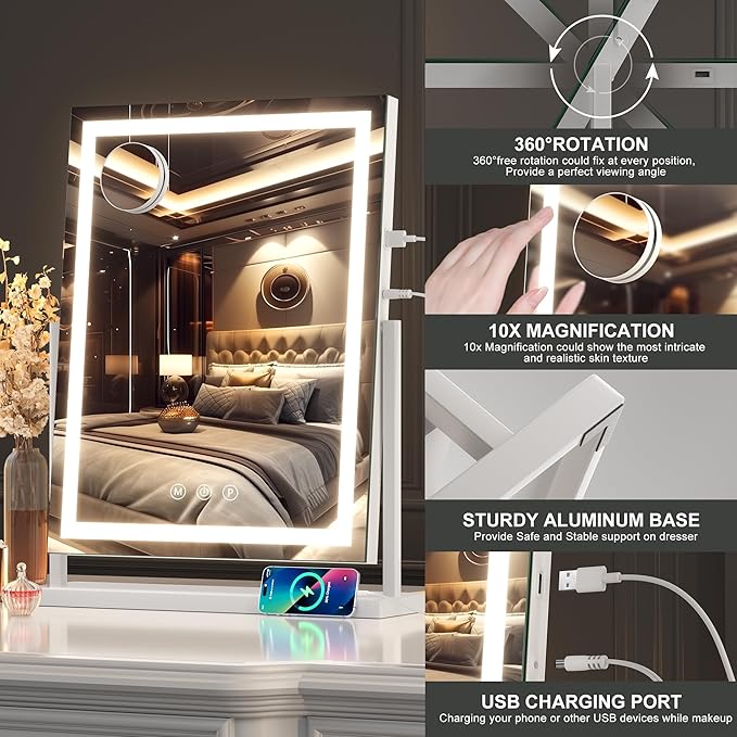 Hasipu Vanity Mirror with Lights, Lighted Makeup Mirror with 10X Magnification, Dimmable 3 Modes, Touch Screen Control, Led Makeup Mirror 17 x 22 Inch