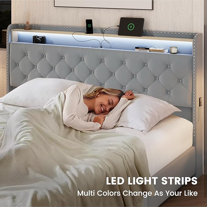 LARMACE King Size Bed Frame Velvet Upholstered LED Tufted King Platform Bed and Headboard with 4 Storage Drawers&USB Type-C Charging Station,No Box Spring Need/Noise Free,Easy Assembly,Bluish Grey