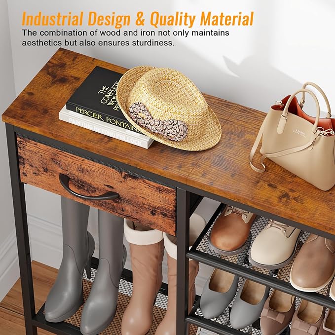 Furnulem Entryway Table Industrial 31.5" Sofa Console Table with Metal Mesh Shelf,Storage Fabric Drawer 4-Tier Shoe Rack Side Furniture for Front Door,Foyer Wooden Top, Sturdy Steel Frame,Rustic Brown