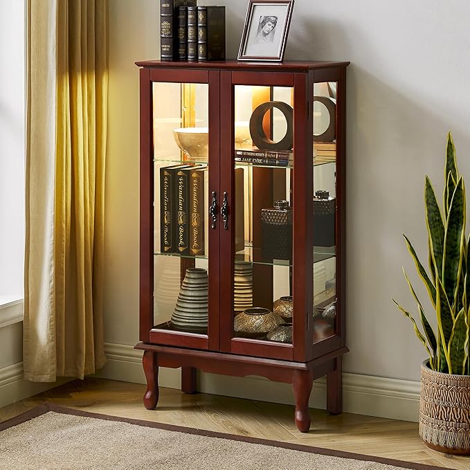 Goujxcy Lighted Curio Cabinet, Modern Floor Standing Glass Curio Cabinet Display Case Cabinet with Adjustable Shelves, Mirrored Back Panel and Tempered Glass Doors for Home/Office (Cherry)