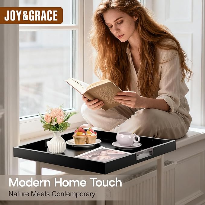 Joy&Grace Large Square Ottoman Tray for Living Room and Coffee Table 20 Inch Decorative Wooden Serving Tray with Handles for Breakfast in Bed, Dinner Food Kitchen TV (Black, 20" x 20" x 2")
