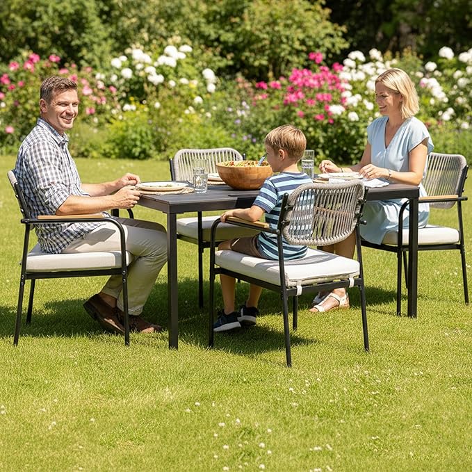 Outdoor Dining Chairs Set of 4, Wicker Patio Dining Chairs with Removable Cushions, Rectangle Patio Table Chair, All Weather Outdoor Chairs, Metal Lawn Chair for Adults/Indoor/Deck, Beige