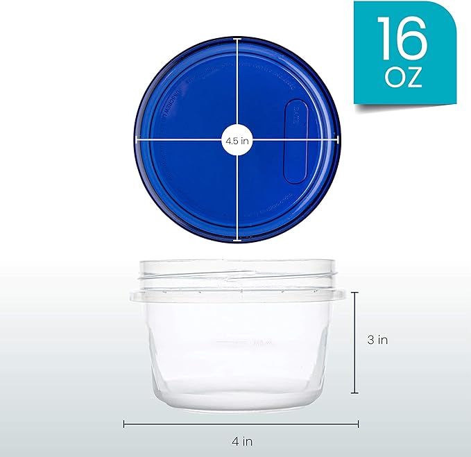PLASTICPRO [16 oz 10 Pack] Twist Top Deli Containers Clear bottom With blue Top Twist on Lids Reusable, Stackable, Food Storage Freezer Container