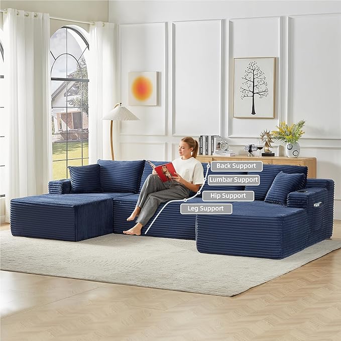 134 Inch Cloud Sectional Couch for Living Room,Corduroy Boneless Couches with Cup Holder,Modern Modular Sectional Sofa with Deep Seat,No Assembly Required (Blue, U-Shaped Sofa)