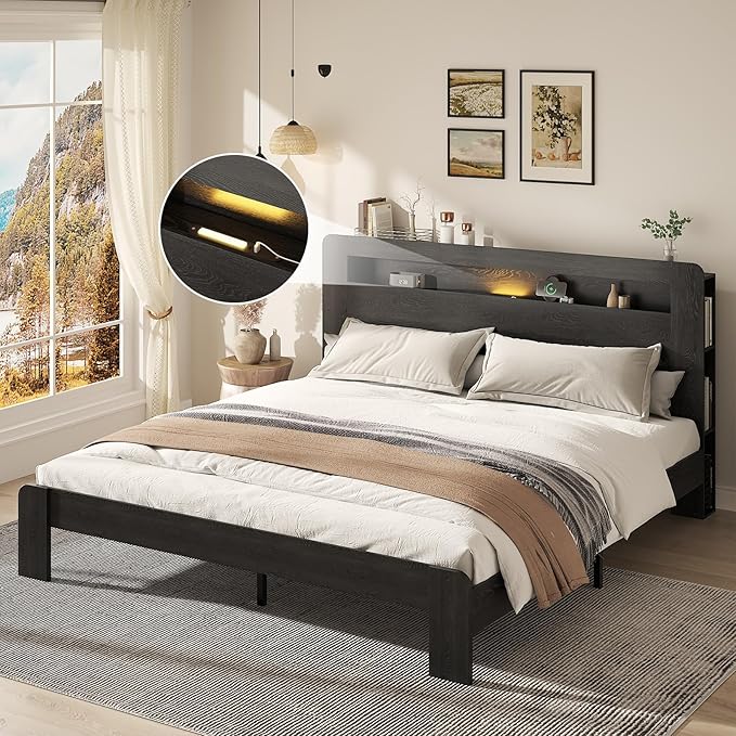 Wooden Bed Frame King Size with Storage Headboard - Farmhouse Platform Bed Frame with Bookcase Shelf & Led Lights, Sturdy Wood Slat Framework Bed Frame (Black LED)