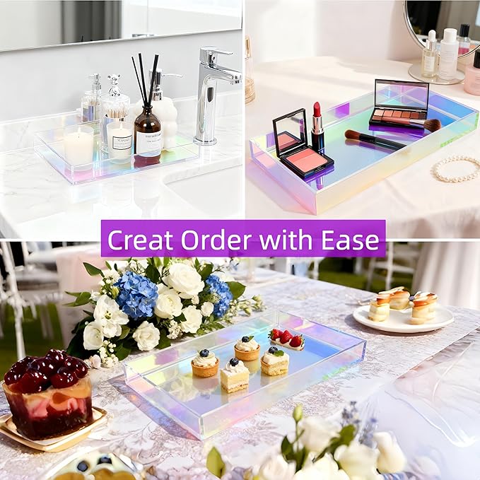 Acrylic Tray Iridescent 5mm Thicken 12x6'' - Vanity Makeup, Perfume, Jewelry Holder, Napkin, 12x6'' Decorative Serving Tray for Bathroom, Toilet Tank, Sink Countertop, Living Room,Dresser,Wedding