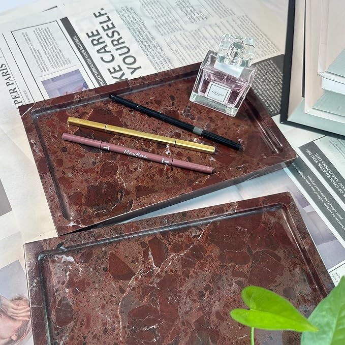 Natural Red Marble Vanity Tray, 9.8"x5.9" Genuine Marble Tray for Bathroom/Kitchen/Dresser (Rosso Levanto)
