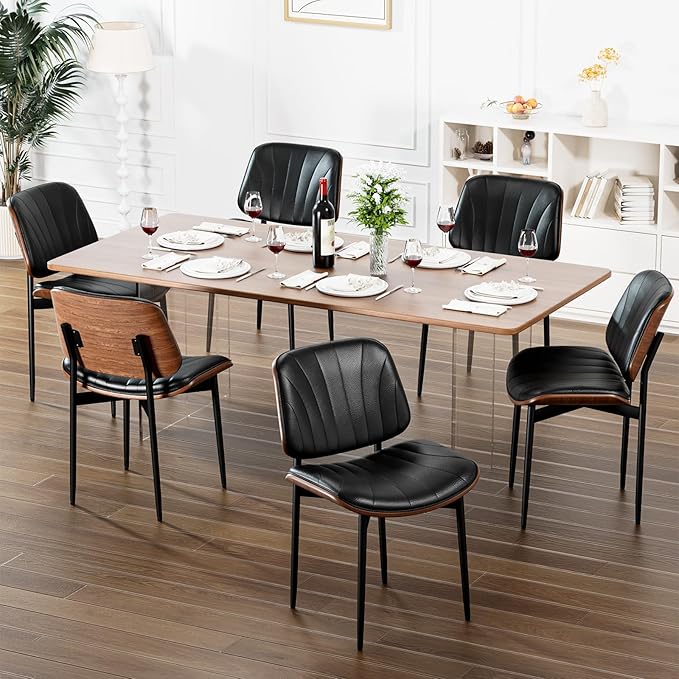 Dining Chairs Set of 4, Dining Room and Kitchen Chairs, FSC Certified Mid Century Modern Accent Chair, Upholstered PU Leather Chairs for Vanity with Walnut Bentwood and Metal Legs, Black