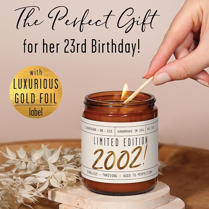 23rd Birthday Gifts for Women - 'Limited Edition 2002' Soy Candle, w/Champagne on Ice I 23 Birthday Gifts for Women I 23th Gift for Her Ideas I 9oz Reusable Jar, 50Hr Burn, Made in USA