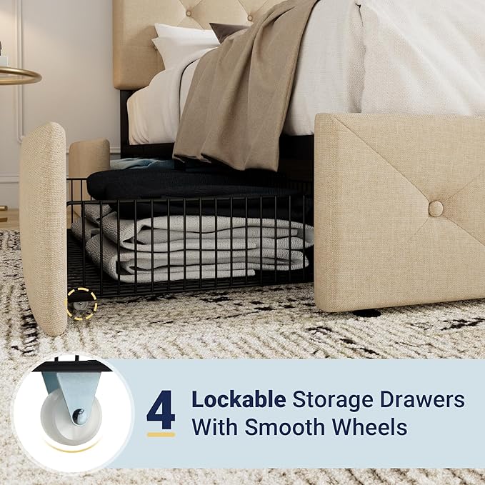 Allewie Upholstered Full Size Platform Bed Frame with 4 Storage Drawers and Headboard, Diamond Stitched Button Tufted, Mattress Foundation with Wooden Slats Support, No Box Spring Needed, Beige