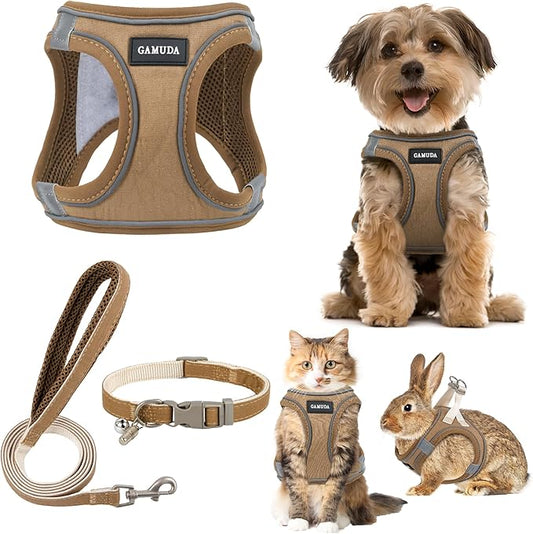 GAMUDA Small Pet Harness Collar and Leash Set, Step in No Chock No Pull Linen Fabric Soft Mesh Dog Vest Harnesses Reflective for Dogs Puppy Cats Kitten Rabbit (Brown, L)