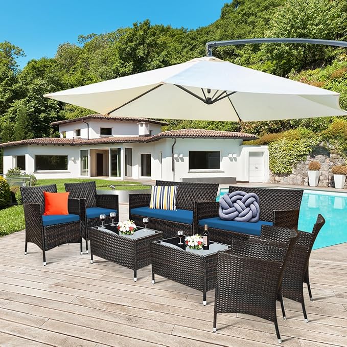 Tangkula 8 Pieces Patio Rattan Conversation Set with Tempered Glass Coffee Table & Thick Cushion, Wicker Set for Garden, Lawn, Poolside and Backyard