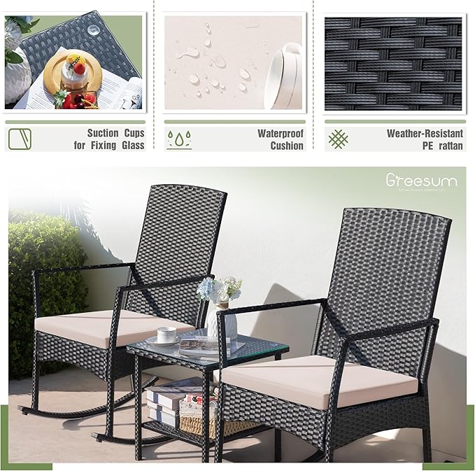 Greesum 3 Pieces Patio Furniture Set Outdoor Wicker Rocking Chairs with Glass Coffee Table for Garden Backyard Porch Poolside, Beige