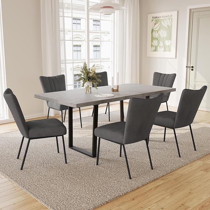 ZckyCine Modern Mid-Century Dining Table Set for 6-8 People Kitchen Dining Room Table Set Extendable Wood Dining Table and 6 Upholstered Chairs, Home Kitchen Furniture