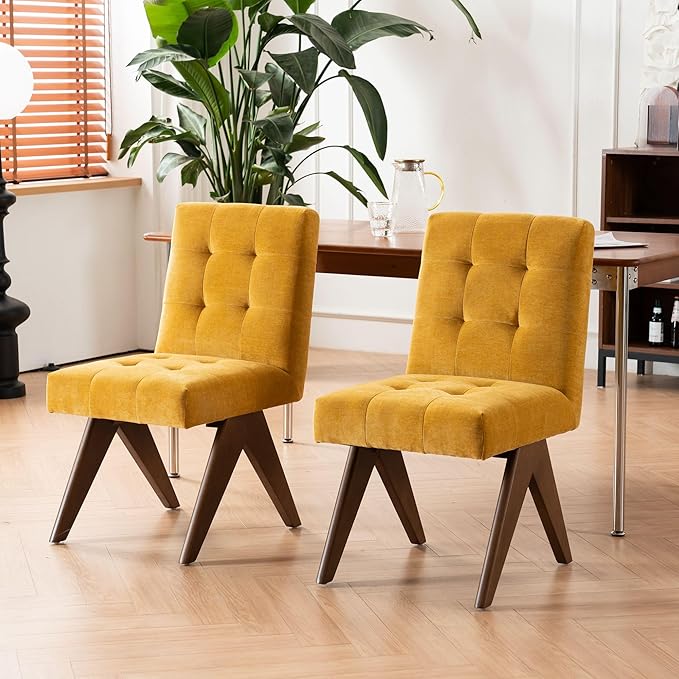Rowill Modern Upholstered Dining Chairs Parsons Chair Linen Fabric Kitchen Chairs Tufted Armless Dining Room Chairs with Wood Legs Set of 4, Yellow