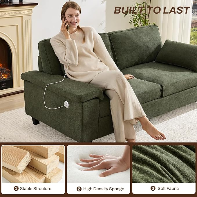 3 Seater Couch for Living Room, 79'' Comfy Deep Seat Sofa with Adjustable Armrests & USB/Type-C Charging Ports, Mid Century Modern Couch for Bedroom, Home Office, Green