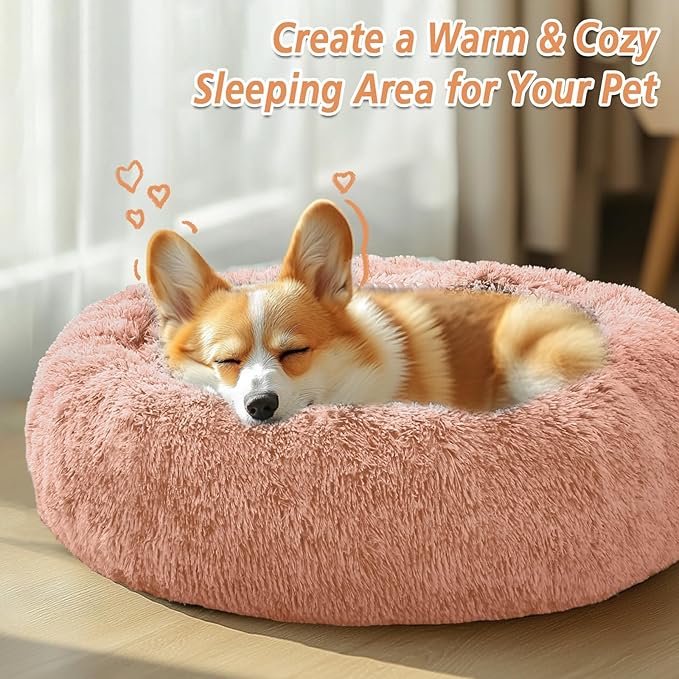 JOLLYVOGUE Calming Dog & Cat Bed for Small Dogs, Anti-Anxiety Donut Cuddler Cozy Soft Round Bed with Anti-Slip Bottom, Fluffy Faux Fur Plush Cushion Beds for Small Medium Pets (23")