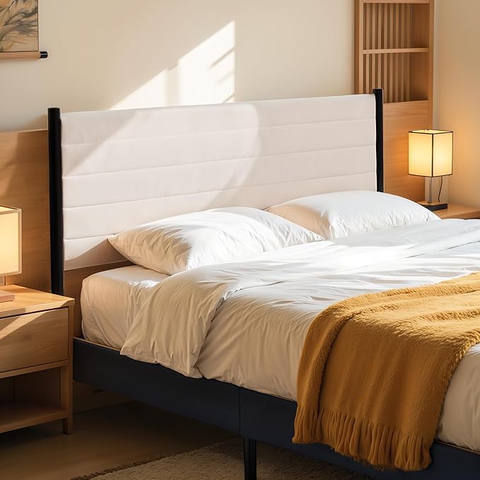 Hokway Bed Frame Upholstered Platform Bed with Headboard Wooden Slat Support No Box Spring Needed(Full, Beige)