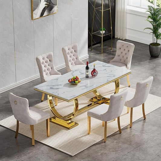 Goujxcy 7 Piece Marble Dining Table Set for 6, Luxury White Marble Gold Kitchen Table with 6 Beige Velvet Upholstered Chairs, Modern 6 Person Dining Room Table Set for Kicken Dining Office Room