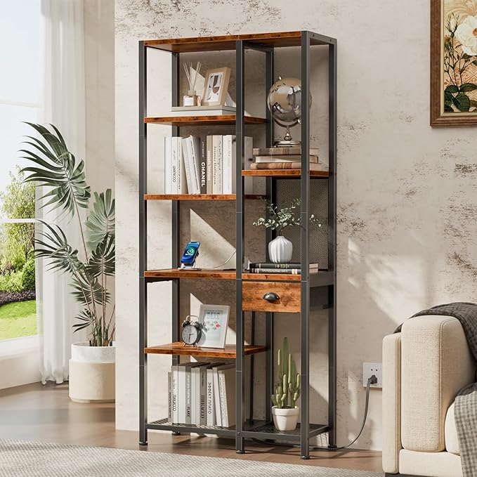 Furologee Bookshelf with USB Ports and Outlets, Shelf with Drawer, Industrial Display Shelves with Charging Station, 6 Tier Storage Shelves for Bedroom, Living Room, Home Office, Rustic Brown