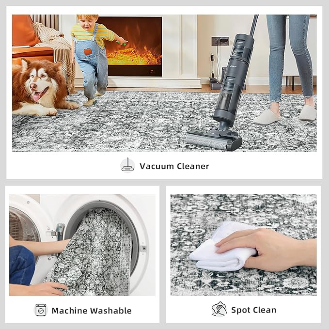 Deerly Rug Runner 2x6 Ft Washable Carpet Runner Runner Non-Slip Grey Runner Rugs with Rubber Backing Low-Pile Ultra-Soft Distressed Rug for Kitchen Bedroom(Grey)