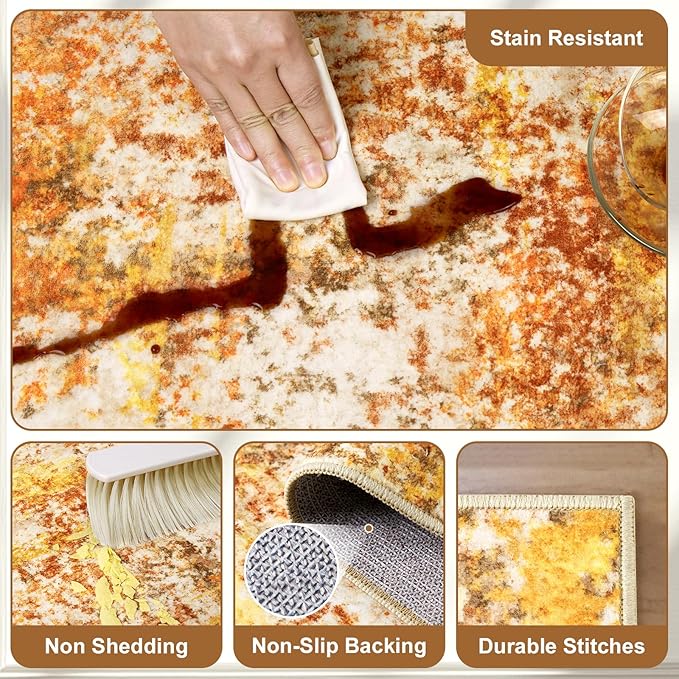 Washable Area Rugs 8x10 - Abstract Living Room Rugs Modern Neutral Soft Rug Stain Resistant Non-Slip Low Pile Large Carpet for Bedroom Dining Room Nursery Home Office - Orange/Gold