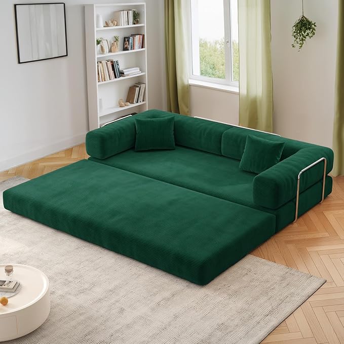Antetek Convertible Futon Sofa Bed, 3-Seater Modern Corduroy Foam Floor King Size Bed Fold Out Sleeper Lounge Loveseat Sofa Couch with 2 Throw Pillows for Living Room Bedroom Guest Room, Turquoise