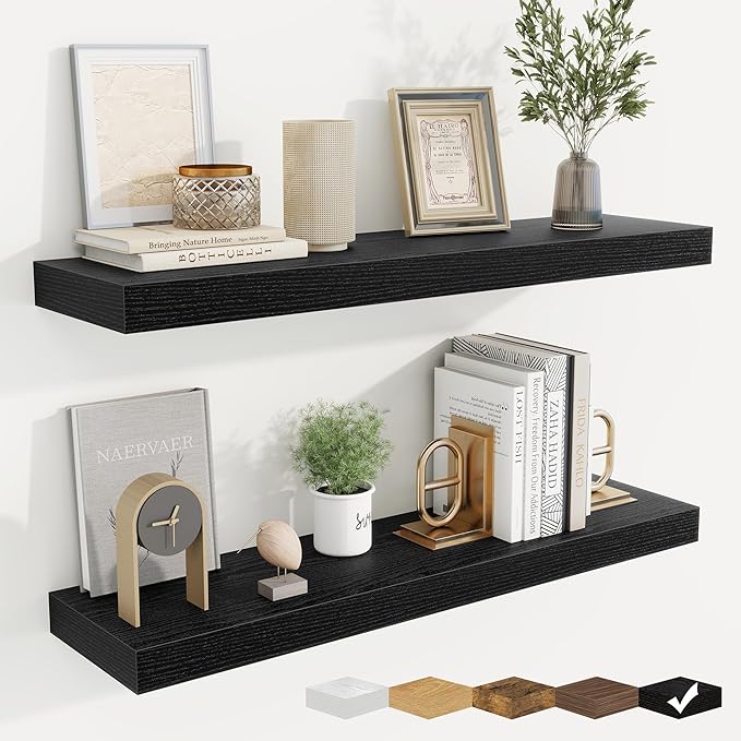 fuqing Floating Shelves for Wall, Wall Mounted Wood Floating Shelf with Invisible Brackets for Living Room, Bathroom, Bedroom, Kitchen Storage and Decor, 30 Inch Set of 2, Black