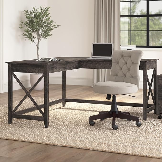 Bush Furniture Key West 60W Modern Farmhouse L Shaped Desk in Dark Gray Hickory, 60-Inch Corner Computer Table for Home Office Workspace