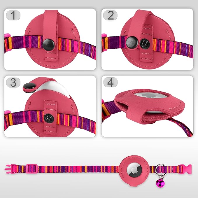 Airtag Cat Collar with Bell - Non Breakaway Soft Pet Collar with Leather Air Tag Holder - Adjustable GPS Anti-Lost Collars for Girl Boy Cats Kitten Puppies, Lightweight and Patterned (Serape Pink)