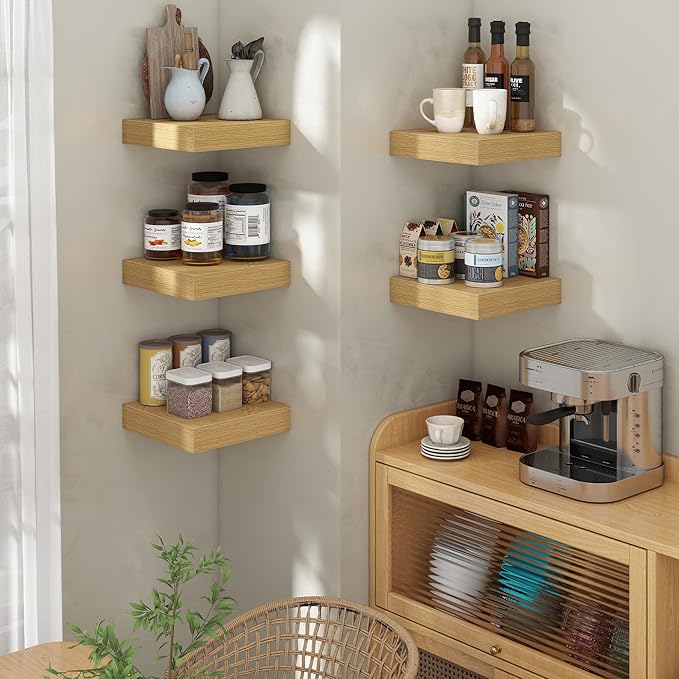 Square Floating Shelves for Wall, 12" W x 12" D x 2" H, 2 Pack of Small Wall Mounted Engineered Wood Shelves with Invisible Brackets for Living Room, Bedroom, Bathroom, Kitchen Decor, Oak