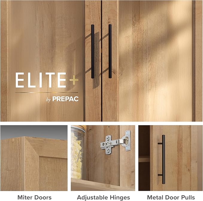 Prepac Natural Oak Elite 65" Tall Accent Kitchen Pantry Cabinet, Craft or Bathroom Storage Cabinet, Buffet Storage with Panel Doors, 3 Shelves, 32" W x 16.75" D x 65" H, Ideal for Home Organization