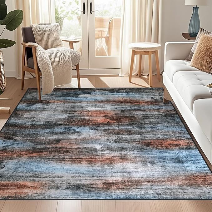 WILLSUN Washable Area Rugs, 6x9 Non-Slip Boho Large Area Rugs for Living Room, Bedroom, Machine Washable Vintage Rug, Indoor Floral Print Carpet for Home Decor, Kid & Pet Friendly Mat
