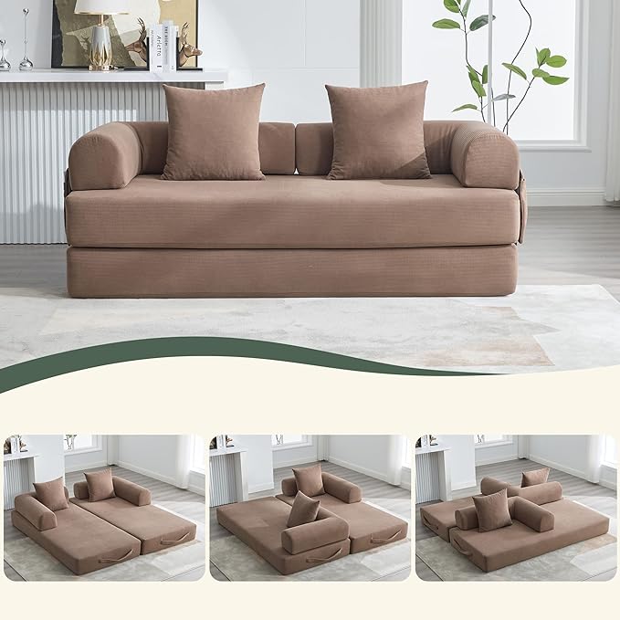 Convertible Folding Mattress Couch, Comfy Corduroy Sleeper Floor Sofa Bed with Fixed-Shape Frame, Floor Sofa with Armrest, Lounge Couch for Living Room Bedroom Lounge Studio,Brown
