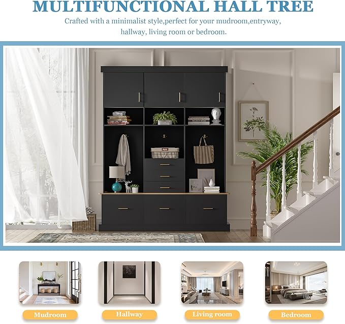 Merax 5-in-1 Hall Tree with Bench and Storage, Modern with Coat Rack, 6 Drawers, 3 Cabinets and 3-Tier Top Storage for Hallway, Entryway, Living Room, Black