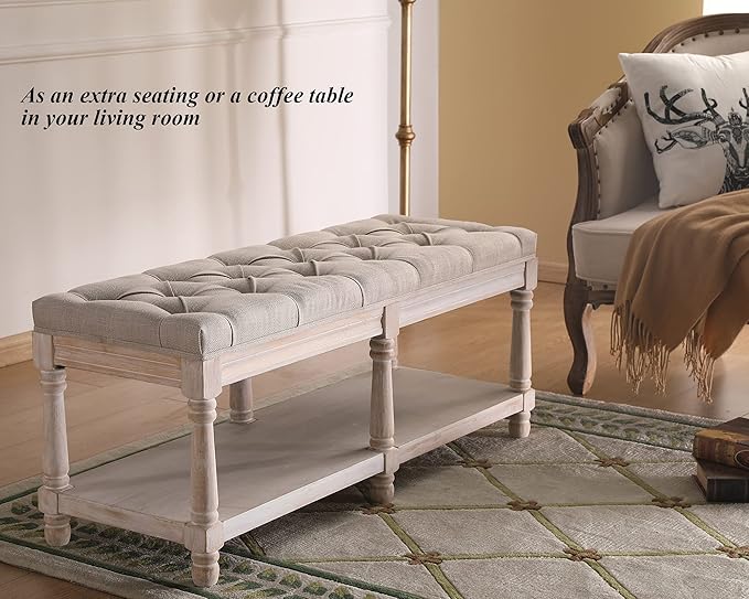 Mid Century Tufted Storage Bench with Shelf, Linen Upholstered Farmhouse Entryway Shoe Bench Ottoman Bed End Stool with Padded Seat, Rustic Bench for Bedroom Living Room Dining Room, Beige