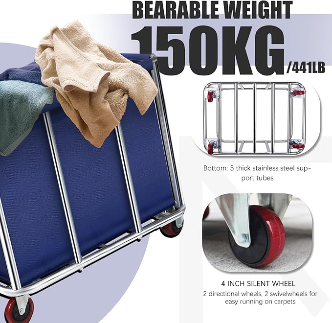 Commercial Laundry Cart with Wheels, 11.35 Bushel Large Laundry Tumbler with Removable Waterproof Canvas Lined Basket, Heavy Duty Stainless Steel Laundry Basket for Hotels and Hospitals