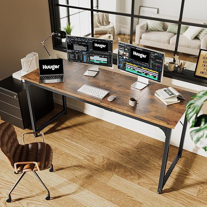 Huuger Computer Desk, 63 Inch Office Desk, Gaming Desk with Storage, Writing Desk Work Desk for Home Office, Study, Modern Simple Desk, Large Legroom, Metal Frame, Rustic Brown