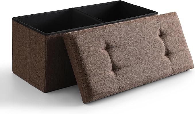 CUYOCA Storage Ottoman Bench Foldable Seat Footrest Shoe Bench End of Bed Storage with Flipping Lid, 75L Storage Space, 30 inches Linen Fabric Brown