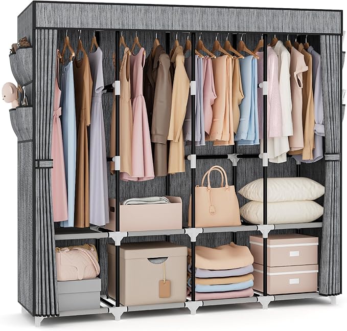 VTRIN Portable Closet for Hanging Clothes 67 Inch Wide Large Capacity Portable Wardrobe Closet with Cover, 4 Storage Shelves and 4 Hanging Rod Sturdy Free Standing Closet for Bedroom, Printing
