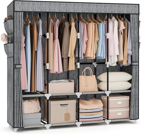 VTRIN Portable Closet for Hanging Clothes 67 Inch Wide Large Capacity Portable Wardrobe Closet with Cover, 4 Storage Shelves and 4 Hanging Rod Sturdy Free Standing Closet for Bedroom, Printing