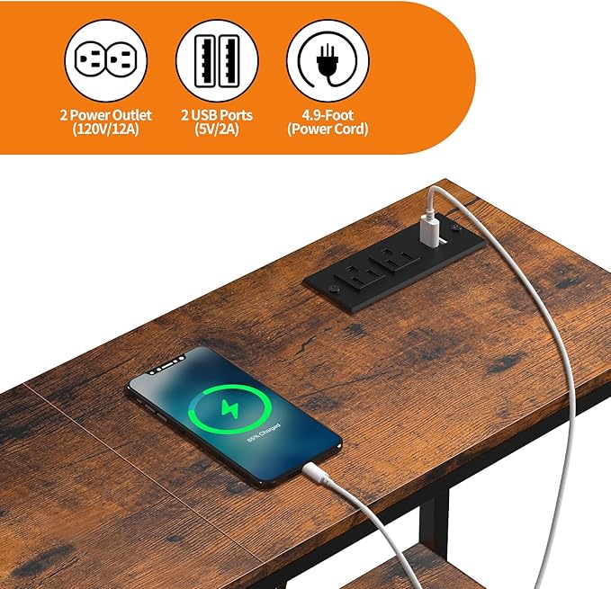 Snughome Console Table with Power Outlets, Entryway Table with Storage, Narrow Sofa Table with 3 Tier Shelves, 2 USB Ports, 2 Power Outlets, Hallway Table for Couch, Living Room, Entrance