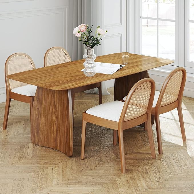 LukeAlon Modern Sherpa Dining Chairs Set of 4, Natural Woven Rattan Cane Back Side Chairs with Solid Wood Legs Mid Century Dinner Chairs for Kitchen Living Room, White