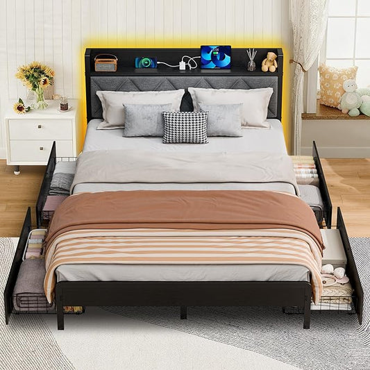 Bed Frame Queen Size with Charging Station and LED Lights, Upholstered Storage Headboard with 4 Drawers, Heavy Duty Metal Slats, Noise Free, Easy Assembly, No Box Spring Needed