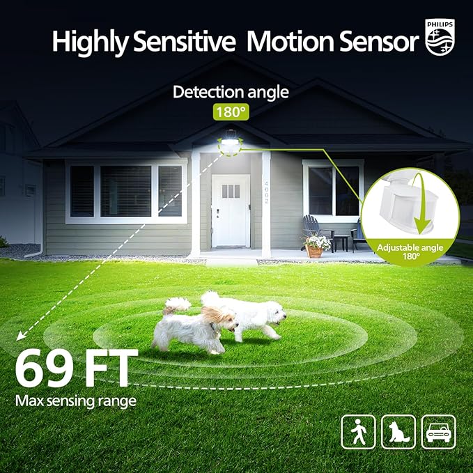 Philips 3600LM Solar Security Lights w/PIR Motion Sensor Outdoor, Waterproof Dimmable, 16ft Cable Separate Solar Panel w/3 Modes LED Flood Lights for Yard, Garage, Porch